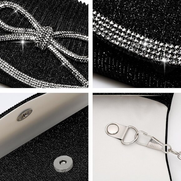 Women Bow Black Imported Magnetic Purse Rhinestone Envelope Party Handbag - Picture 4 of 6